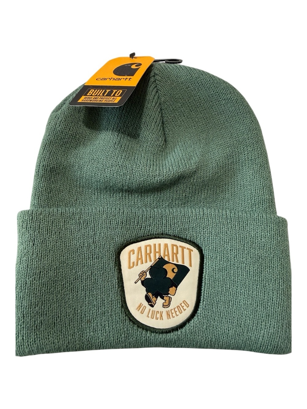 Carhartt Knit Beanie Green Slate Shamrock No Luck Needed Patch NWT - Picture 1 of 4